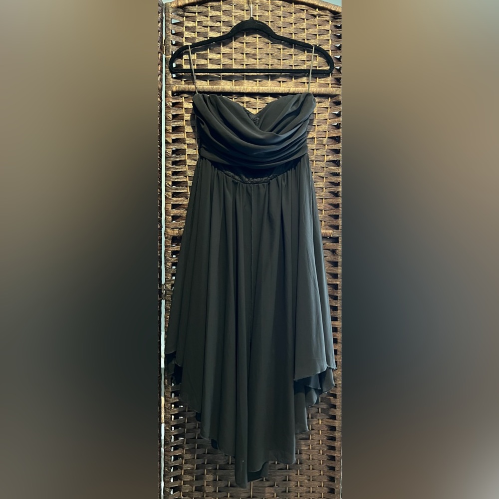Black strapless dress with lace body and chiffon over layer